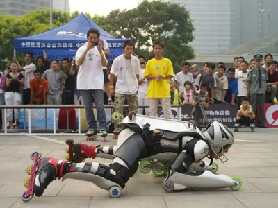 Inventor Jean-Yves Blondeau demonstrates his roller suit in 2007 in Beijing.