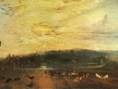 The Lake, Petworth: Sunset, Fighting Bucks, painted by J.M.W. Turner around 1829, was one of several works studied to see if there was a connection between the colors used in the image and volcanic particles in the atmosphere at the time of the painting's creation.