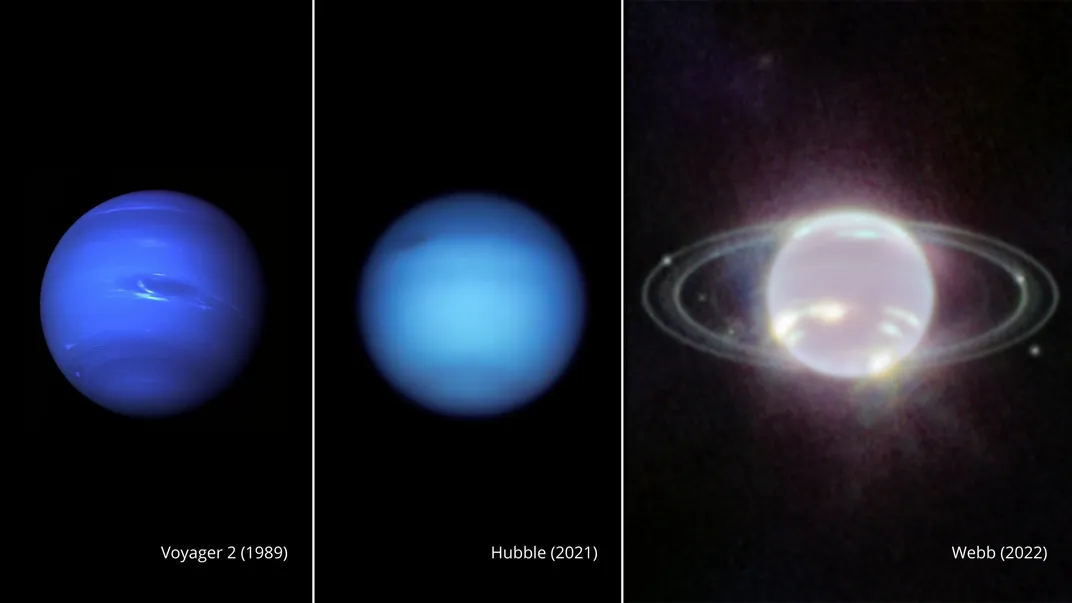 Two blue images of Neptune next to a greyer image of Neptune with its rings visible