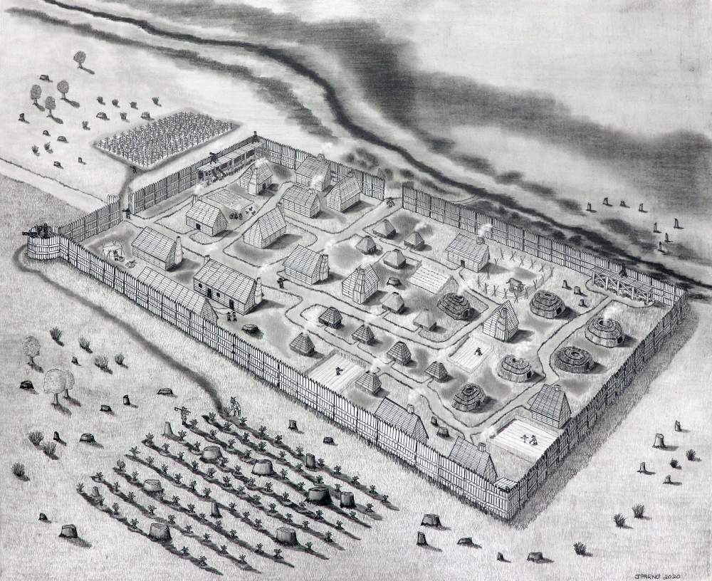 A black and white drawing of a rectangular fence surrounding a fort, with many buildings and roads inside and farms outside, next to the water 