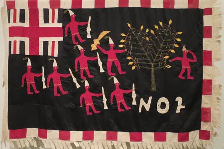 Asafo Flag, No. 2 Company; created by Akwa Osei, Ghana, Fante people; c. 1900, Cotton and rayon, embroidery and appliqué