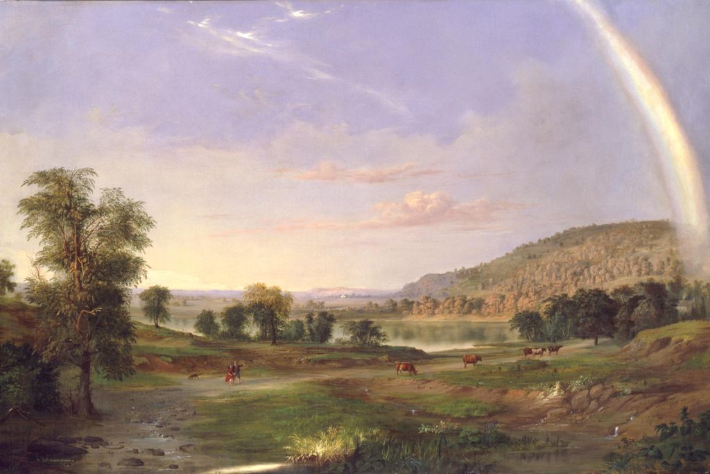A landscape painting looking over a gently sloping green field dotted with cows and a couple walking in the distance; the man gestures out at a large rainbow extending through the right of the canvas, into the blue-purple sky