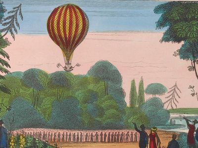 Mr. Green’s ascent in the Royal Vauxhall, circa 1836, is one of several illustrations found in William Upcott’s scrapbook of early aeronautica. 