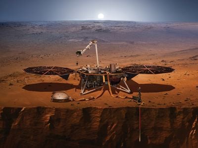 An artist’s depiction of InSight with the Mole, on the right, firmly embedded in the soil. If only.