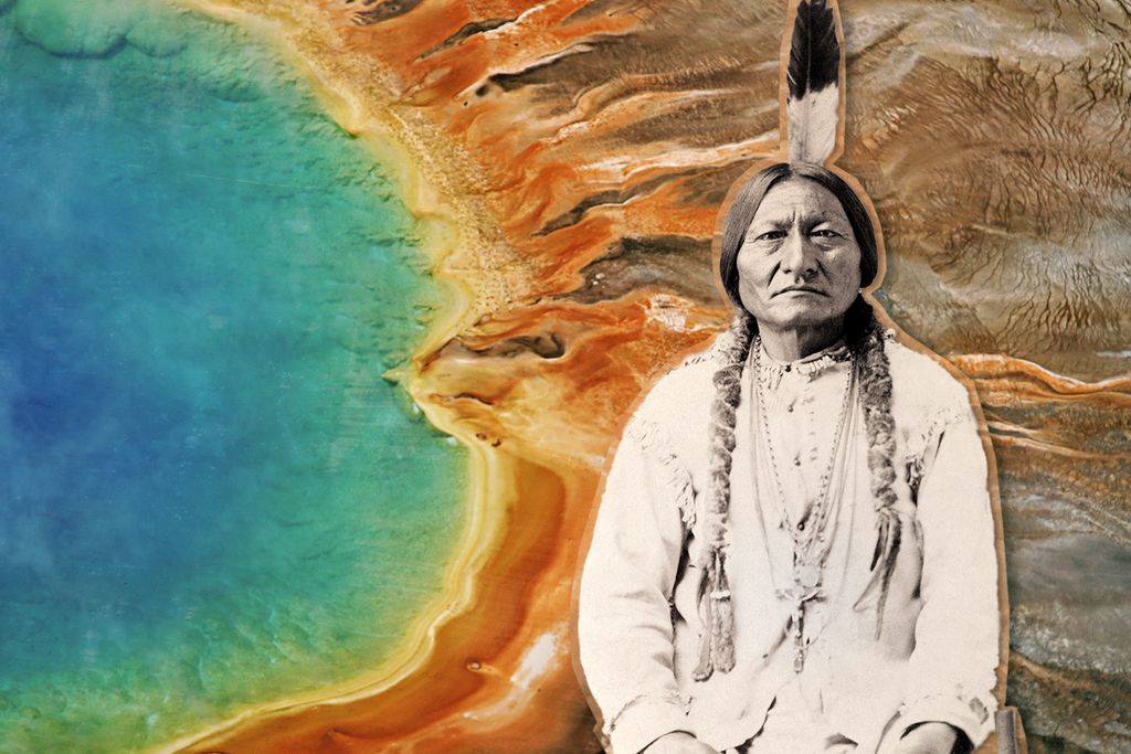 Illustration of Sitting Bull in front of Yellowstone caldera