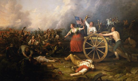General battle scene with many people. Molly Pitcher in center of canvas manning cannon with bare-chested man igniting cannon. Two dead men featured in the foreground. Flag bearer behind Molly Pitcher.