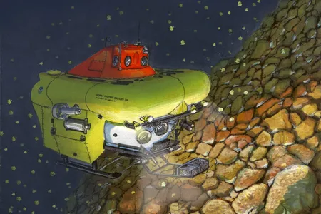 An illustration by Terry Kerby of Pisces V exploring the ocean depths at Loihi.