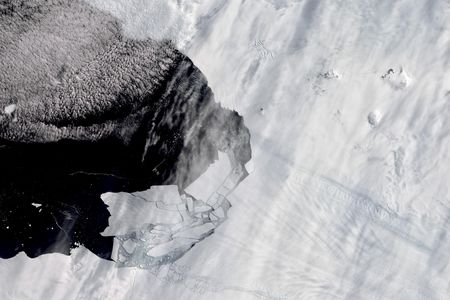 Icebergs breaking off of Pine Island Glacier into Pine Island Bay, where researchers found an uncharted island now named Sif.
