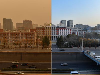 Monday's dust storm left Beijing, China, in an orange haze (left). By Tuesday the air was much clearer (right).