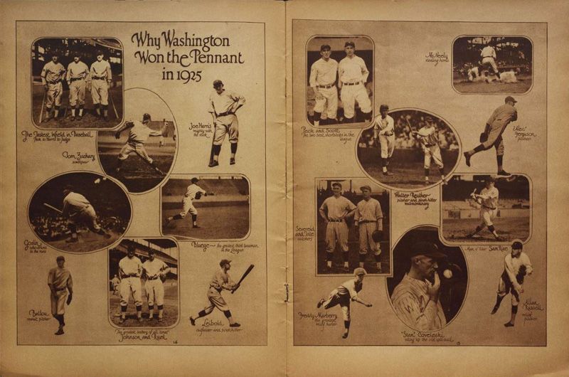 Two page spread showing photos of players and the text, “Why Washington Won the Pennant in 1925”