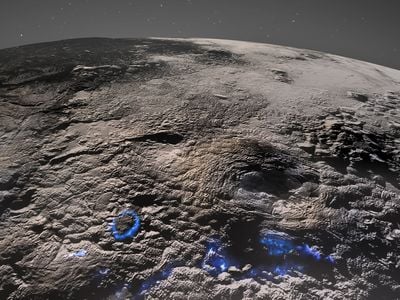 Pluto&#39;s icy volcanic region, with possible past eruptions marked in blue.