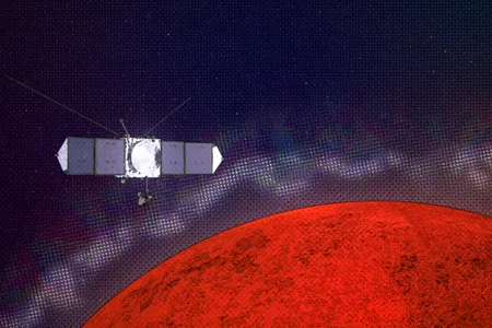 Graphic illustrating the MAVEN spacecraft encountering plasma layers at Mars.