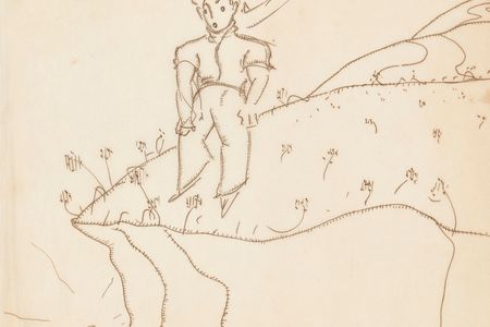 Antoine de Saint-Exupéry (1900–1944). Drawing of the little prince on the edge of a cliff. New York, 1942 or 1943. Pen and brown ink on onionskin paper. From Joseph Cornell’s Saint-Exupéry dossier.