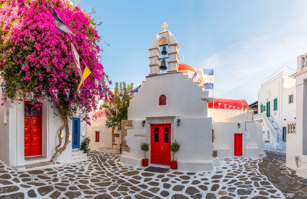 Typical street and church on Mykonos