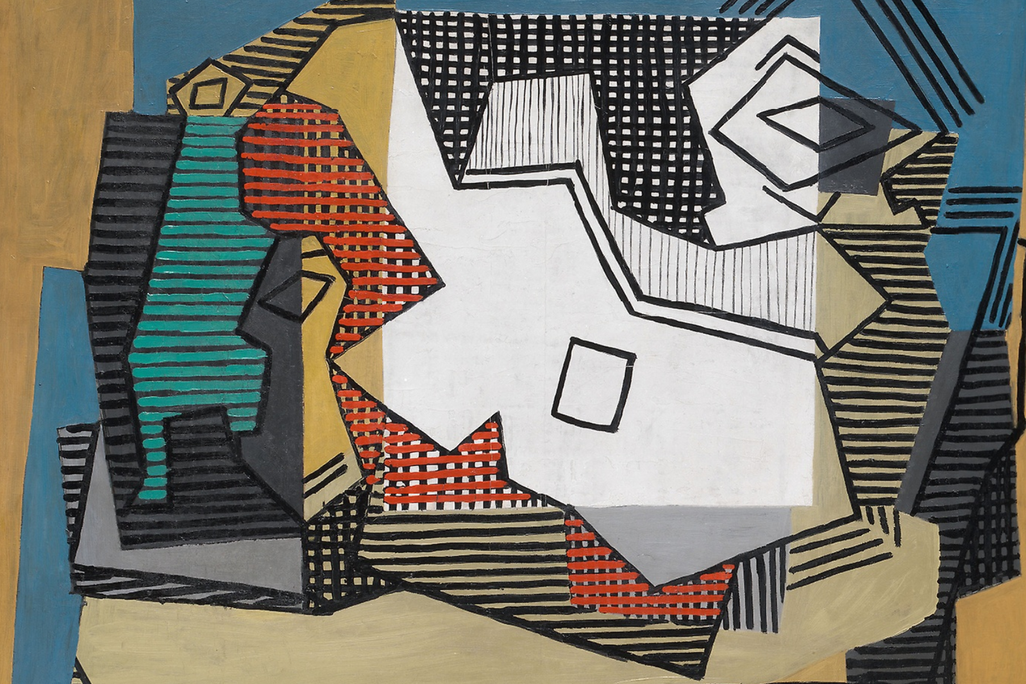 Picasso's 'Still Life' features the white outlines of a guitar in the center, with abstract, linear representations of a wine bottle and a small bowl on either side, all pictured from a bird's eye view