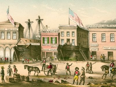 Chinese immigrants and gold miners mingle on a main street in San Francisco in 1849.