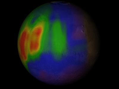Martian methane as detected during the planet's northern summer. Yellow-red areas show higher concentrations in the atmosphere, blue-purple lower concentrations.