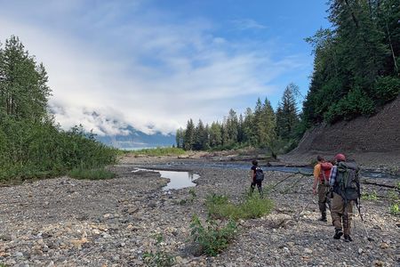 Researchers hike near a creek that formed after a glacier retreated.