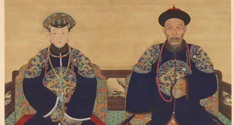 A hanging scroll painting depicts Yinti, Prince Xun (1688-1755) and his wife.