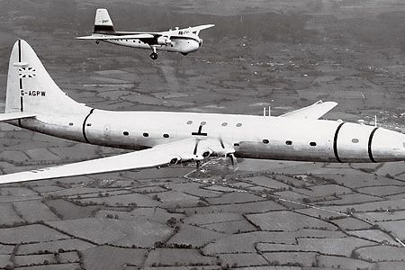 Just one Brabazon made it off the assembly line. The supersized airliner, with its 230-foot wingspan, rumbled over the British countryside in 1951, accompanied by a Bristol 170 Freighter.