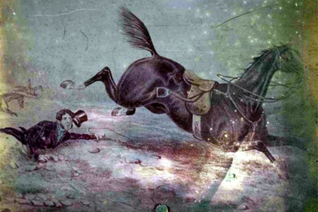 Hillotype of a print depicting a man fallen from a horse, color pigments applied