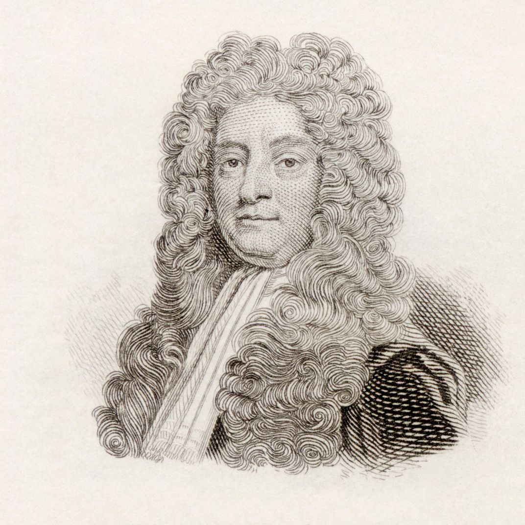 An etching of Sloan, who is a white man, made from the chest up; He wears a curly white wig that goes down past his shoulders and faces the viewer