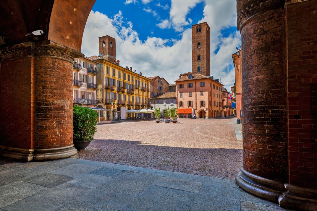 A piazza in Alba, a gateway to Italy's Piedmont wine region