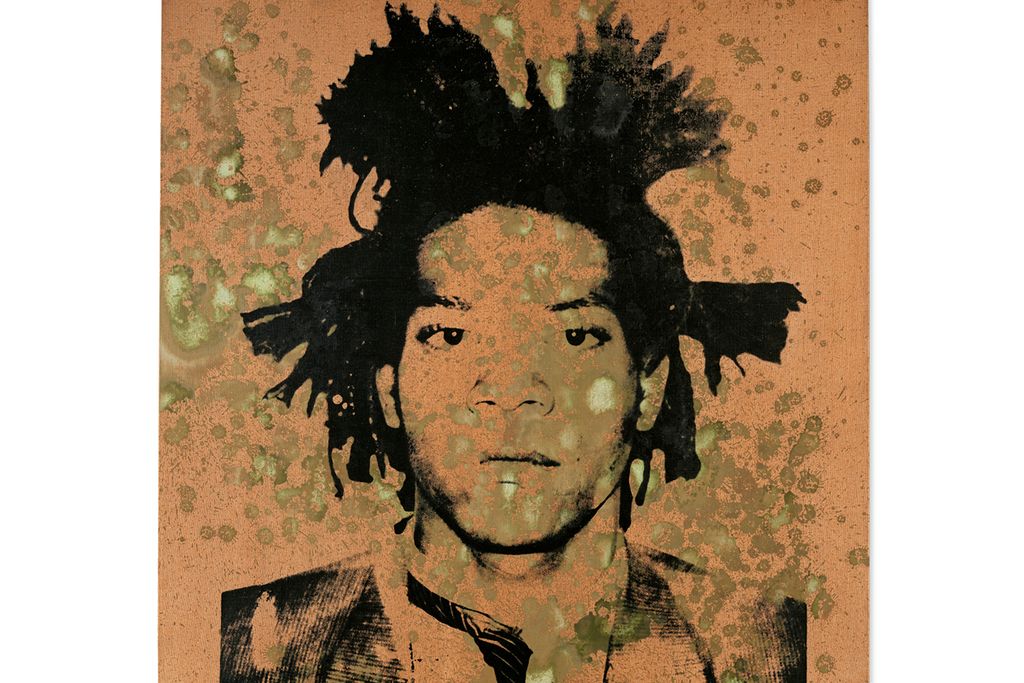 A black and white image of Basquiat, a young Black man with spiky hair and a serious expression, on an orangey background and covered in splotches of yellow-green