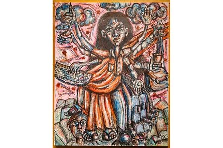 Ruee Gawarikar's Goddess of Visas is a humorous take on the otherwise tedious and often anxiety-ridden process of applying for a work visa. Accordingly, the style of the work is exaggerated, ironic and dramatic. 