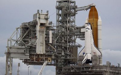 The space shuttle Atlantis, ready for liftoff.