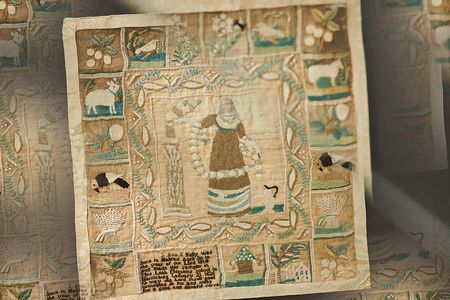 A circa 1825 sampler made by Ann E. Kelly at Leah Maguire's school in Harrisburg, Pennsylvania.