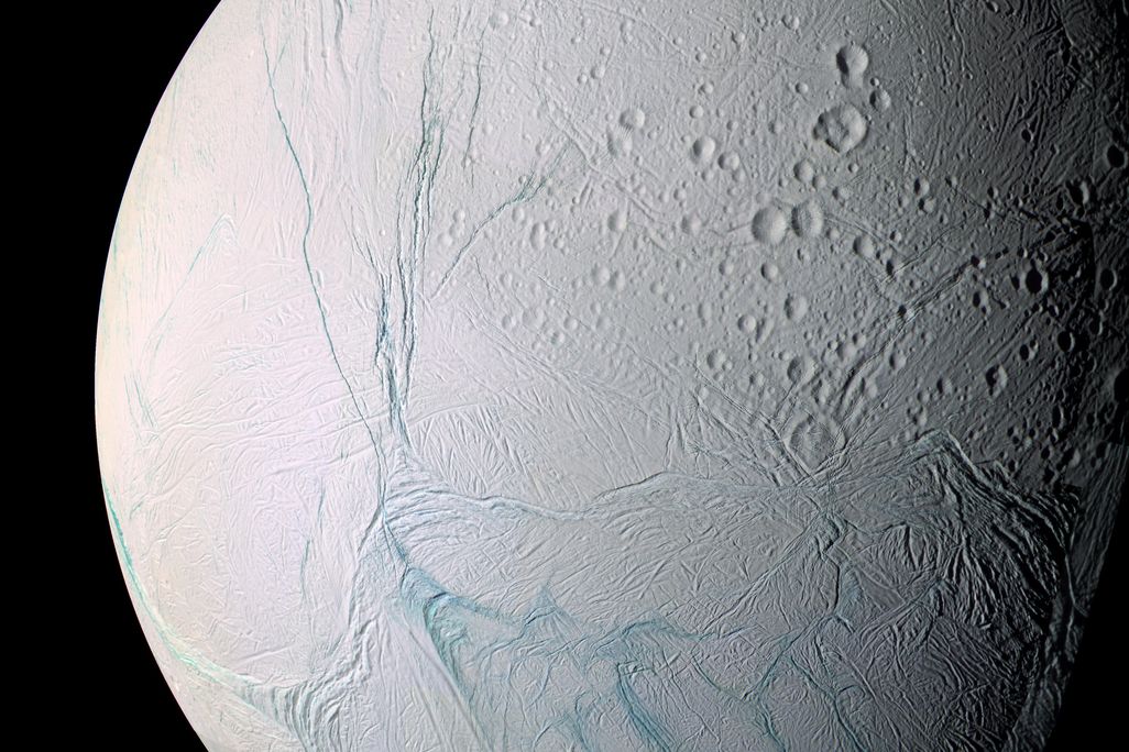 Saturn's moon Enceladus, with its white icy surface