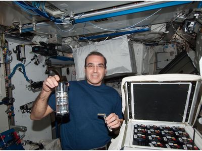 Astronaut Rick Mastracchio poses with the bacteria grown with antibiotics on the International Space Station