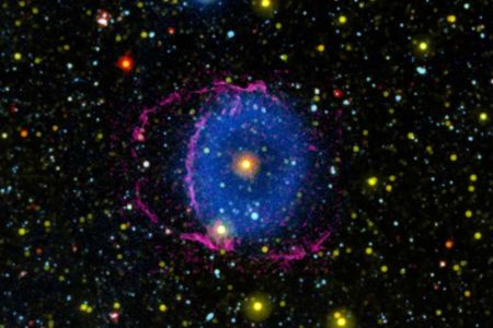 The Blue Ring Nebula is invisible to the human eye, but telescopes can measure the ultraviolet light, which is shown here in blue. 