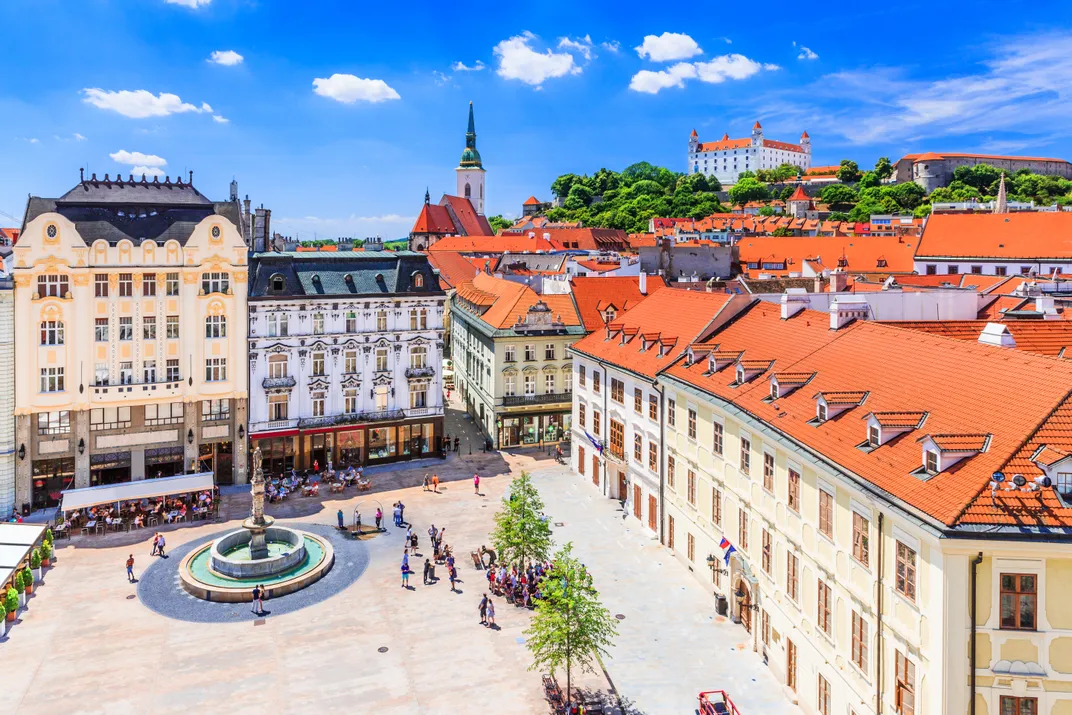 View of Bratislava Castle, main square, and St. Martin's Cathedral, Slovakia