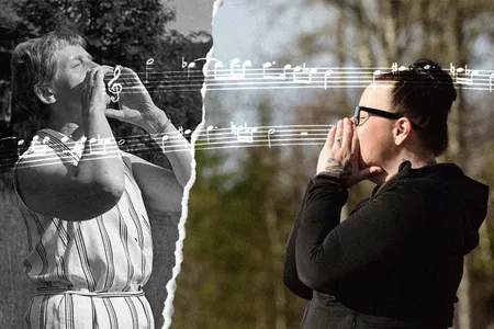 In different time periods and contexts, Elin Lisslass (left) and author Jennie Tiderman-Österberg perform kulning.
