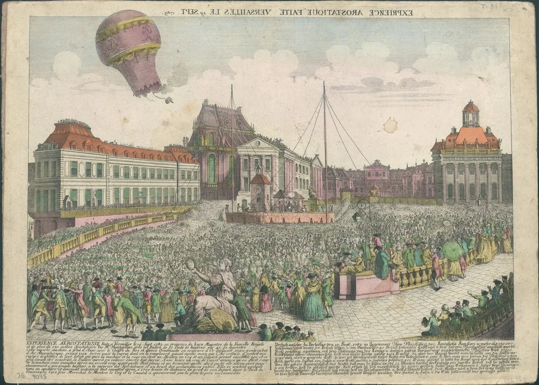 An illustration of the Montgolfier brothers' September 1783 balloon flight
