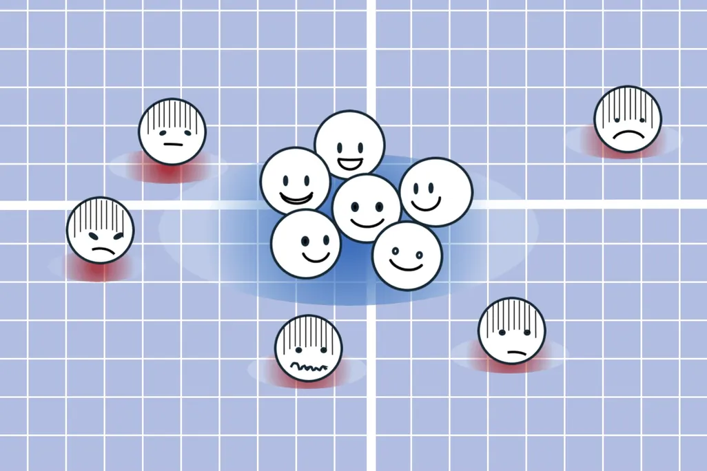 illustration of optimists huddled close together, and pessimists spread out within a graph