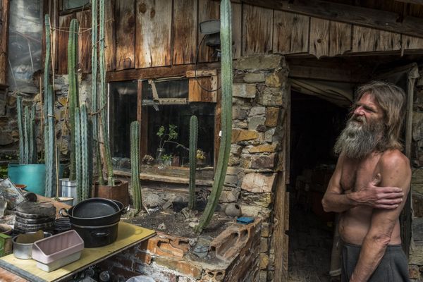 Inhabitant of off-grid village Matavenero is standing next to San Pedro cactus in his house. thumbnail
