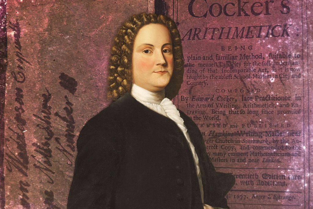 An illustration of a young Benjamin Franklin in front of the opening pages of "Cocker's Arithmetick"