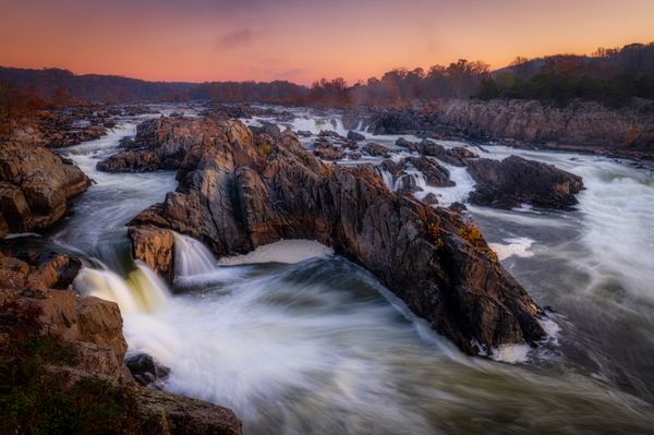 Beautiful scenic view of Great Falls Park during sunrise.