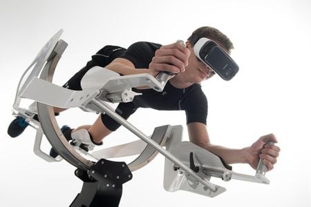 The ICAROS virtual reality flight simulator doubles as an excercise machine.