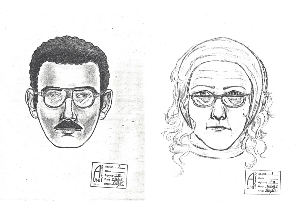 Police sketches of the man and woman who stole Willem de Kooning's Woman-Ochre from the University of Arizona Museum of Art in November 1985