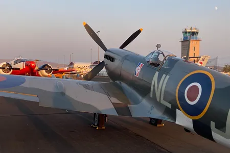 Charles Somers’ Supermarine Spitfire Mk XVI  and Dean Thomas’s Twin Beech 18, along with other aircraft, on display at Stead airport in Reno, Nevada.