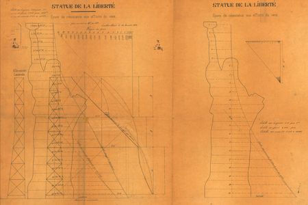 A sketch from Eiffel’s workshop appears to show the statue with a bulkier shoulder than the final version has.