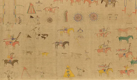 Cegape or Strike the Kettle (Lakota, ca. 1841–?). Untitled painting, collected in 1893. North or South Dakota. 20/5176. Most large paintings of this kind focus on a single event, often a battle. This painting, made by a follower of Sitting Bull, shows warriors—figures on horseback carrying lances and shields—within the Lakota way of life. (National Museum of the American Indian, Smithsonian)