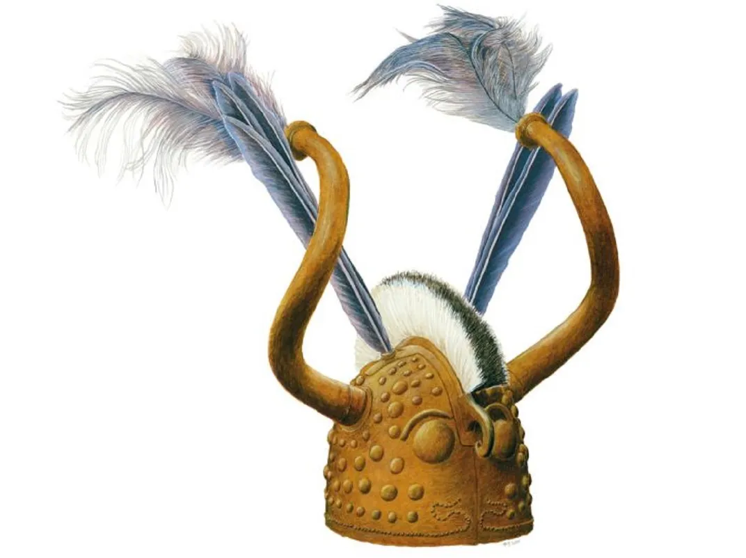 Illustration of helmet as it would have appeared with feathers and horse hair attached