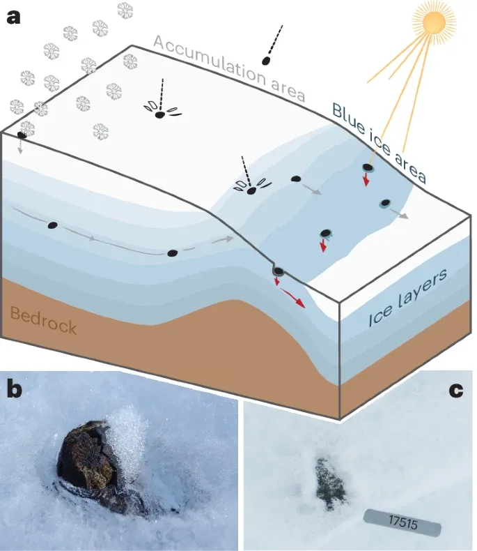 A diagram illustrates how sun-warmed meteorites heat up the ice on which they rest, and fall beneath the surface.