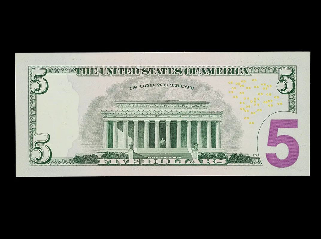 Five-dollar bill, Lincoln Memorial, U.S.