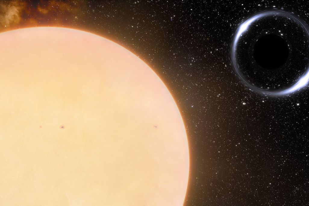 Illustration with a bright sun in the foreground and a dark swirl of black hole in the background.